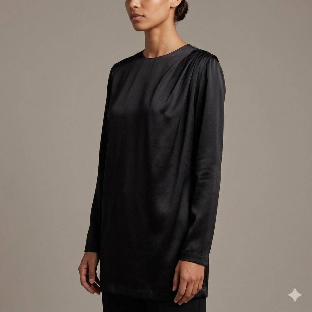 Vintage 80s Black Long Sleeve Batwing Satin Blouse - Medium - Picture 5 of 11